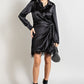 Satin Surplice Dress with Feather Trim Hem - Black ONLY L LEFT