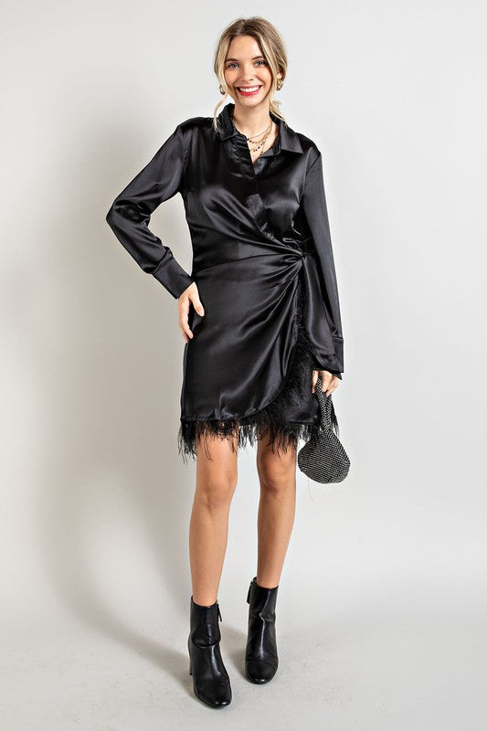 Satin Surplice Dress with Feather Trim Hem - Black ONLY L LEFT