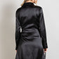 Satin Surplice Dress with Feather Trim Hem - Black ONLY L LEFT