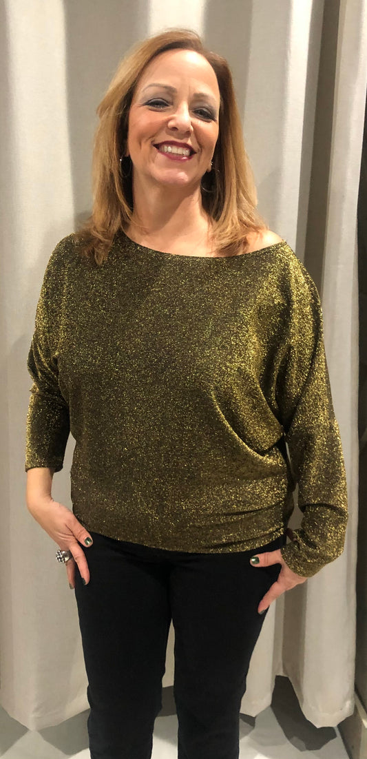 Boatneck Dolman Sleeve Sparkle Top - Black/Gold