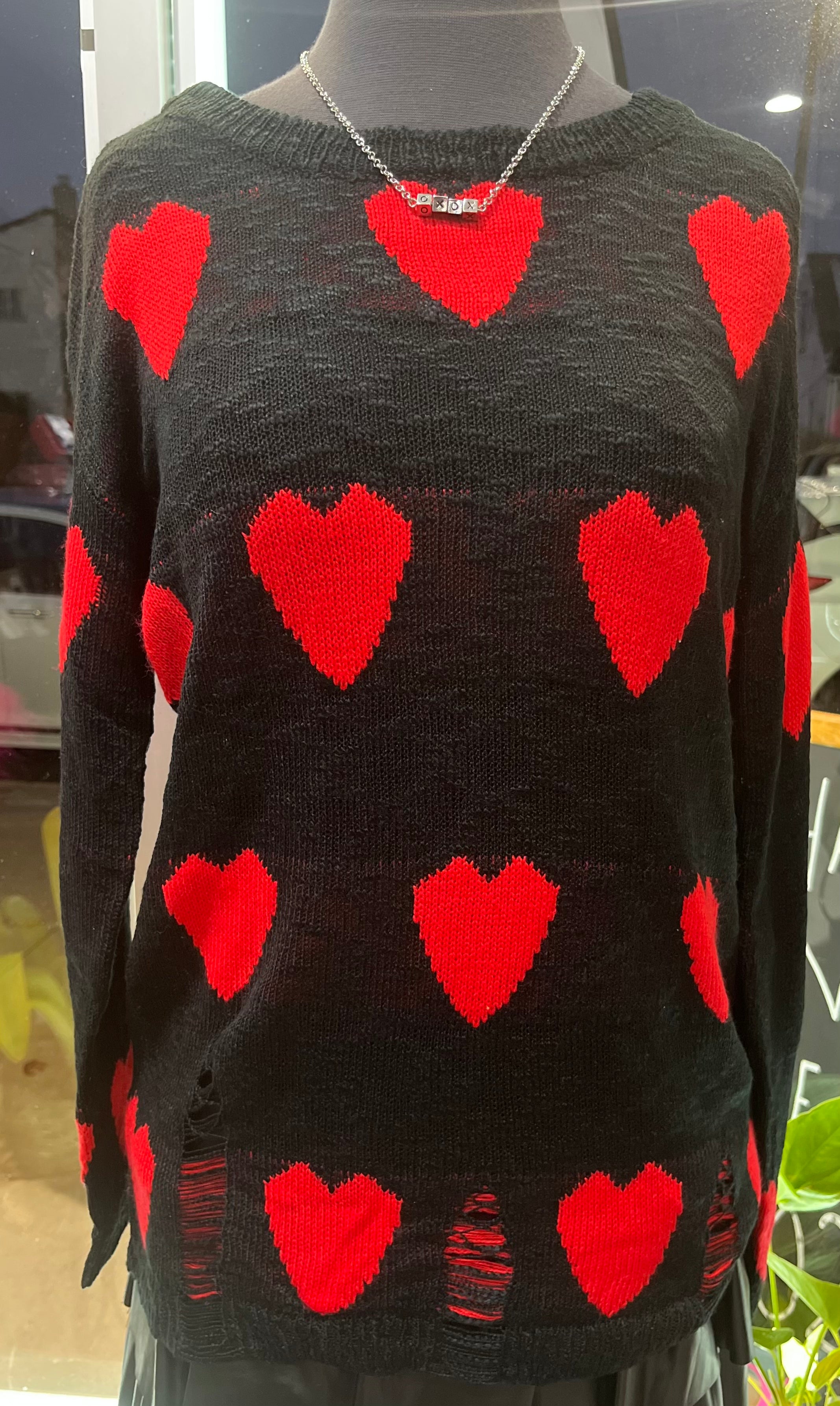 Round Neck Distressed Heart Sweater - Black ONLY 1 LARGE LEFT