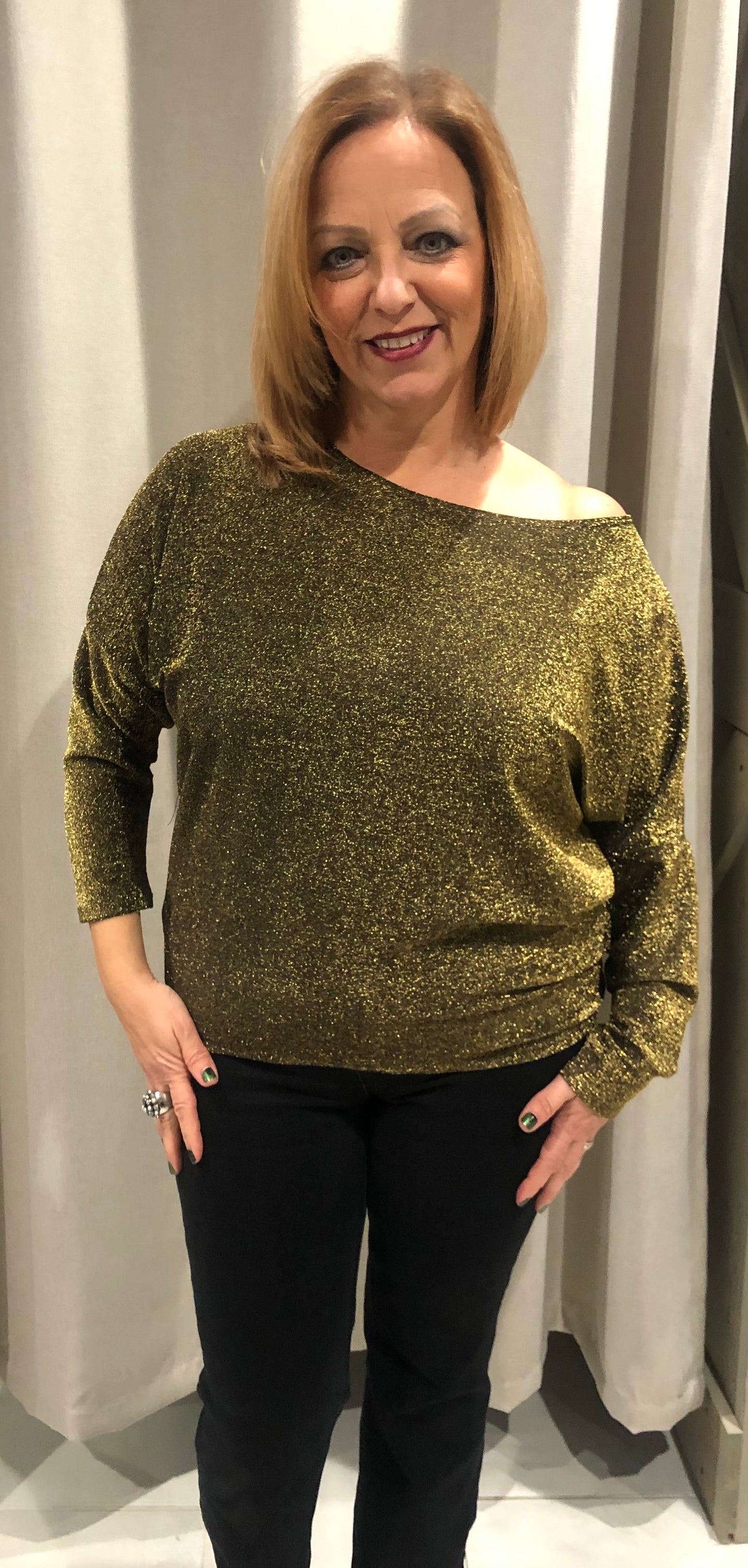 Boatneck Dolman Sleeve Sparkle Top - Black/Gold