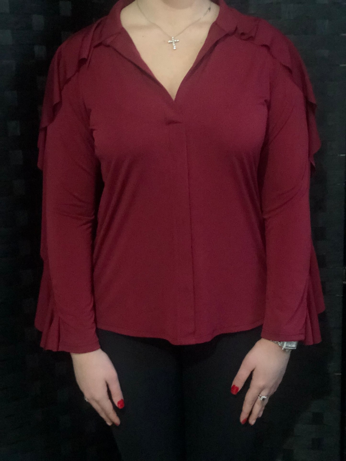 Ruffles on Sleeve Top - Burgundy