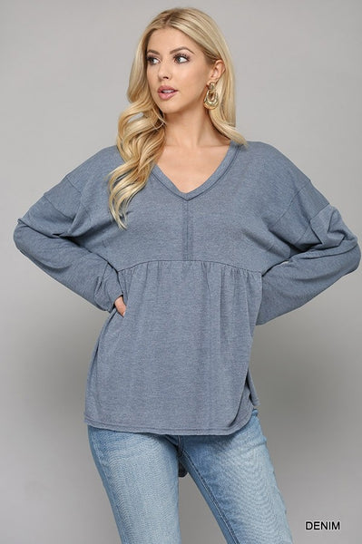 Baby Doll V Neck Top - Denim  ONLY 1 SMALL LEFT